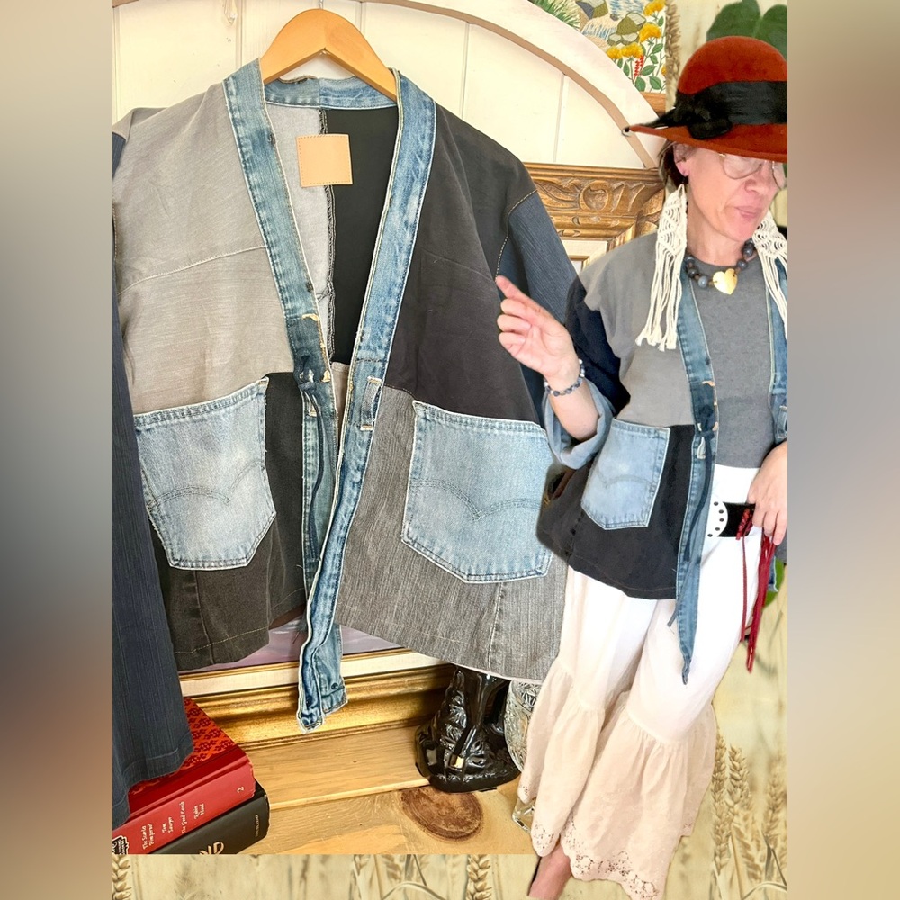 OOAK Upcycled From Vintage Denim Levi’s Colorblock Jean Jacket With Tie